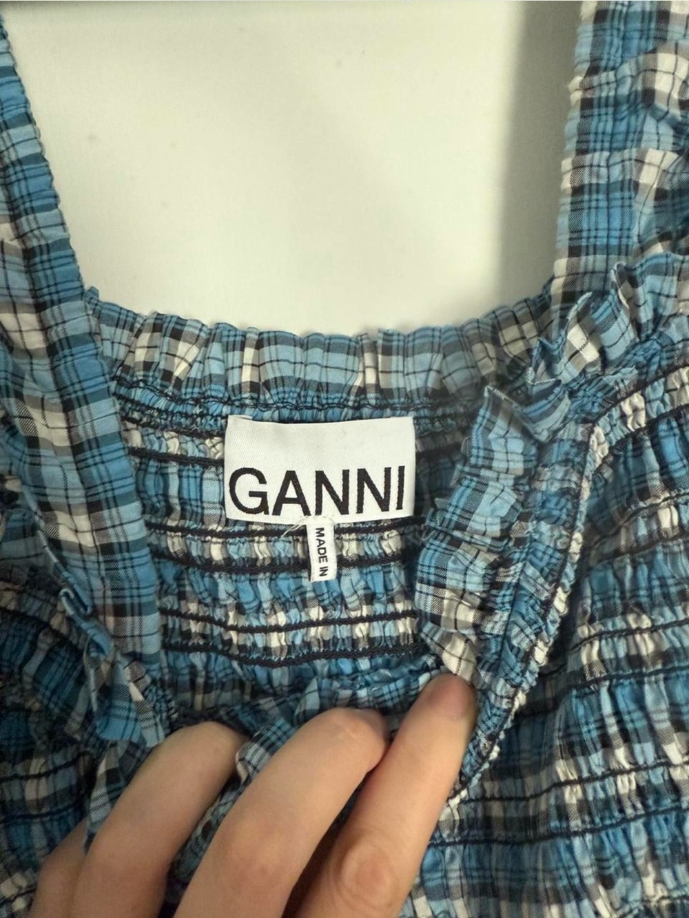 Ganni Blue Plaid Smocked Square-Neck Midi Dress Size 36 - Picture 5 of 5